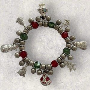 Vintage Christmas Charm Bracelet Silver Tone Red Green Snowman Tree